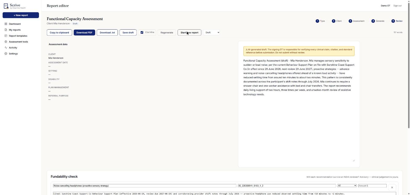 Scrive report editor drafting a functional capacity assessment