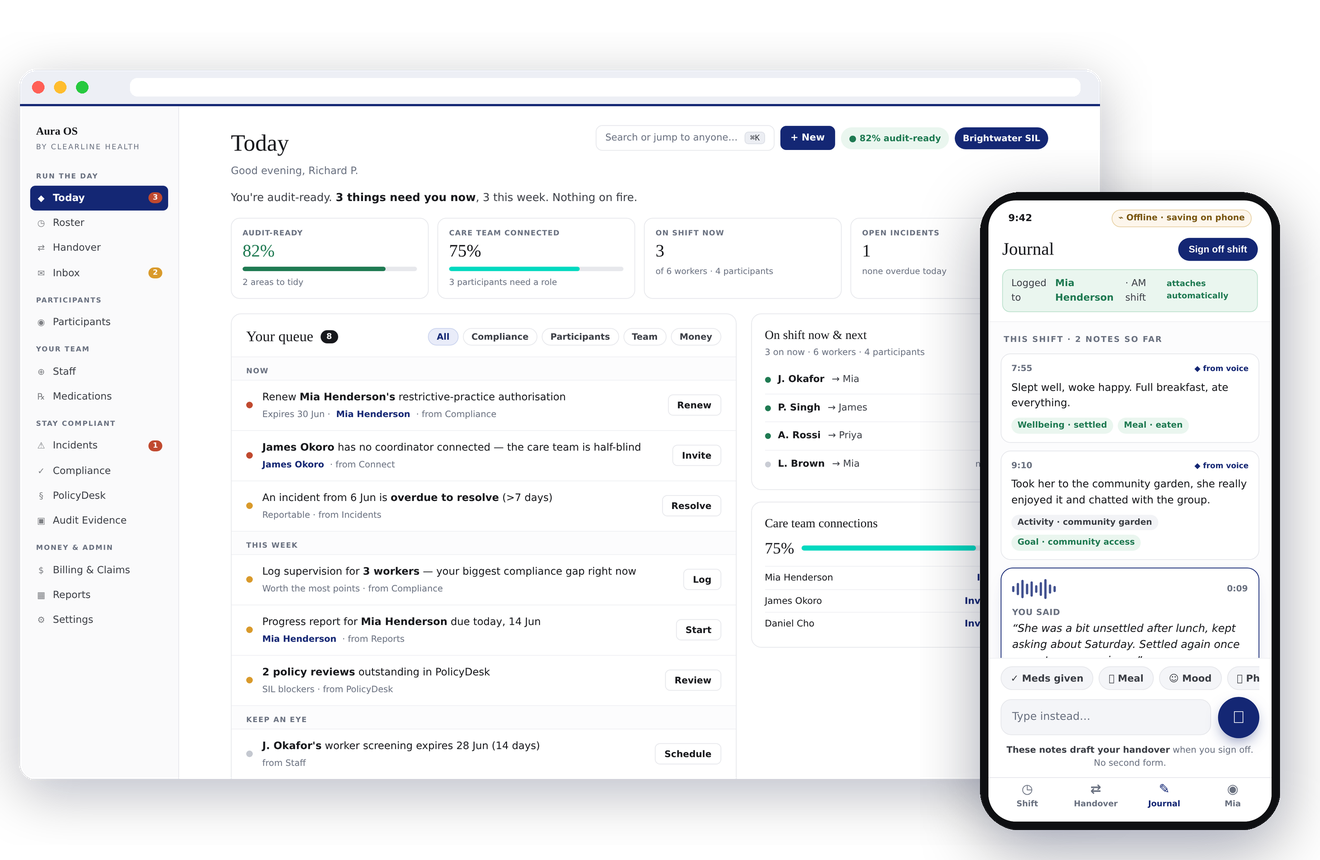Aura on desktop with the worker app on a phone, one connected system