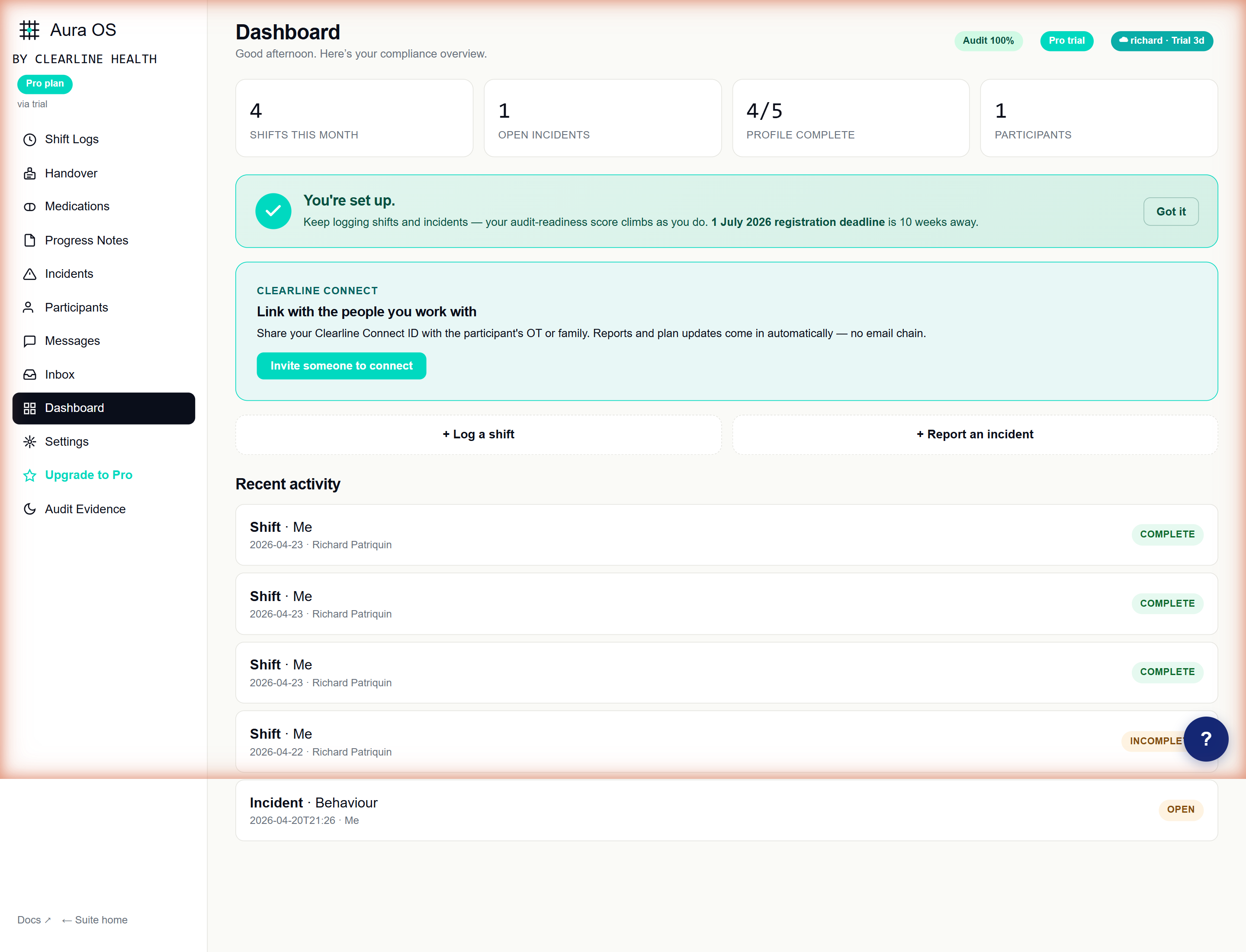 Dashboard seen by a support worker: no score ring, no compliance pillars