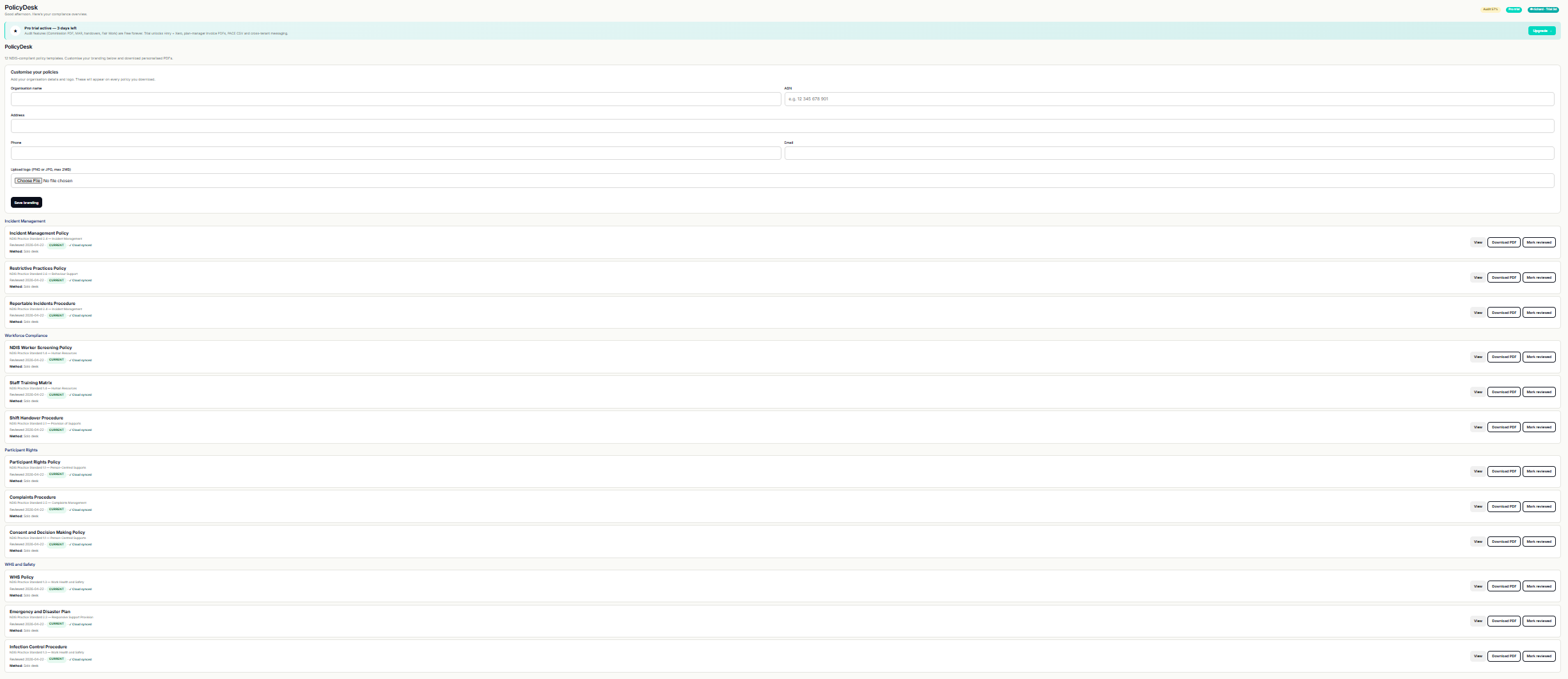 PolicyDesk module listing the NDIS policy templates aligned to the 2025 Core Module + supplementary, with review dates, next-due badges and SIL blocker flags