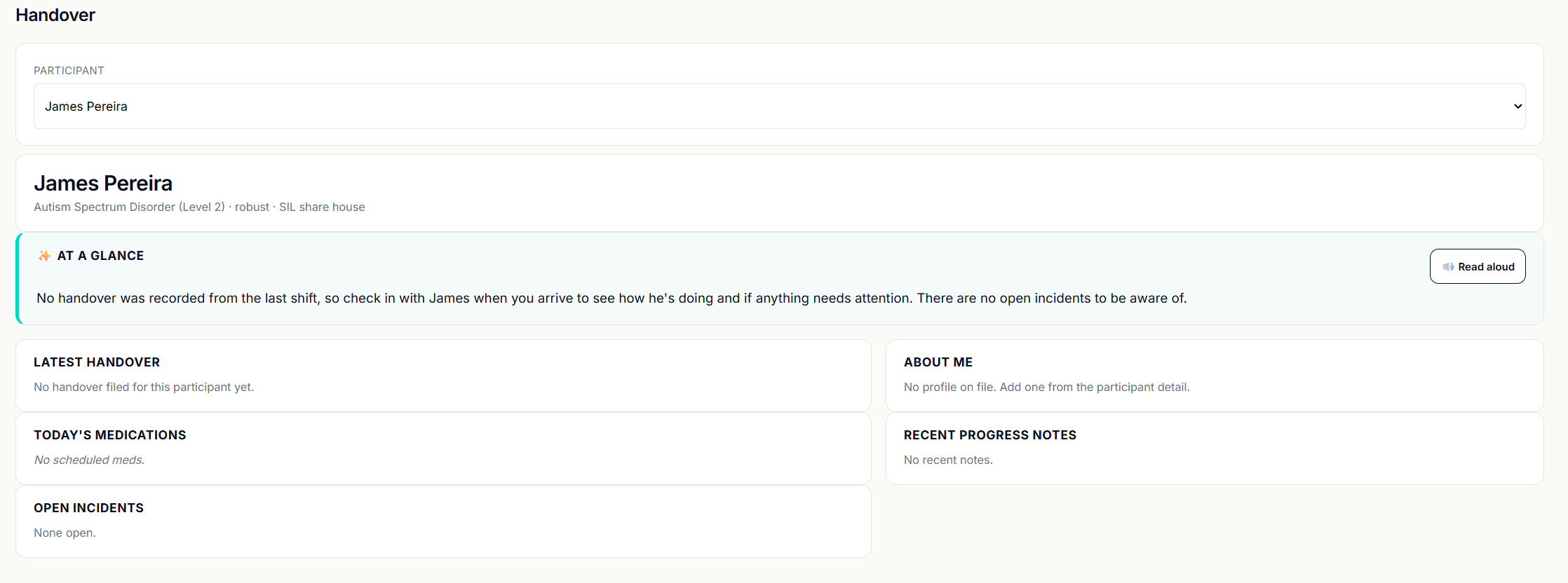 Handover screen showing previous notes, due medications, open incidents, and BSP triggers